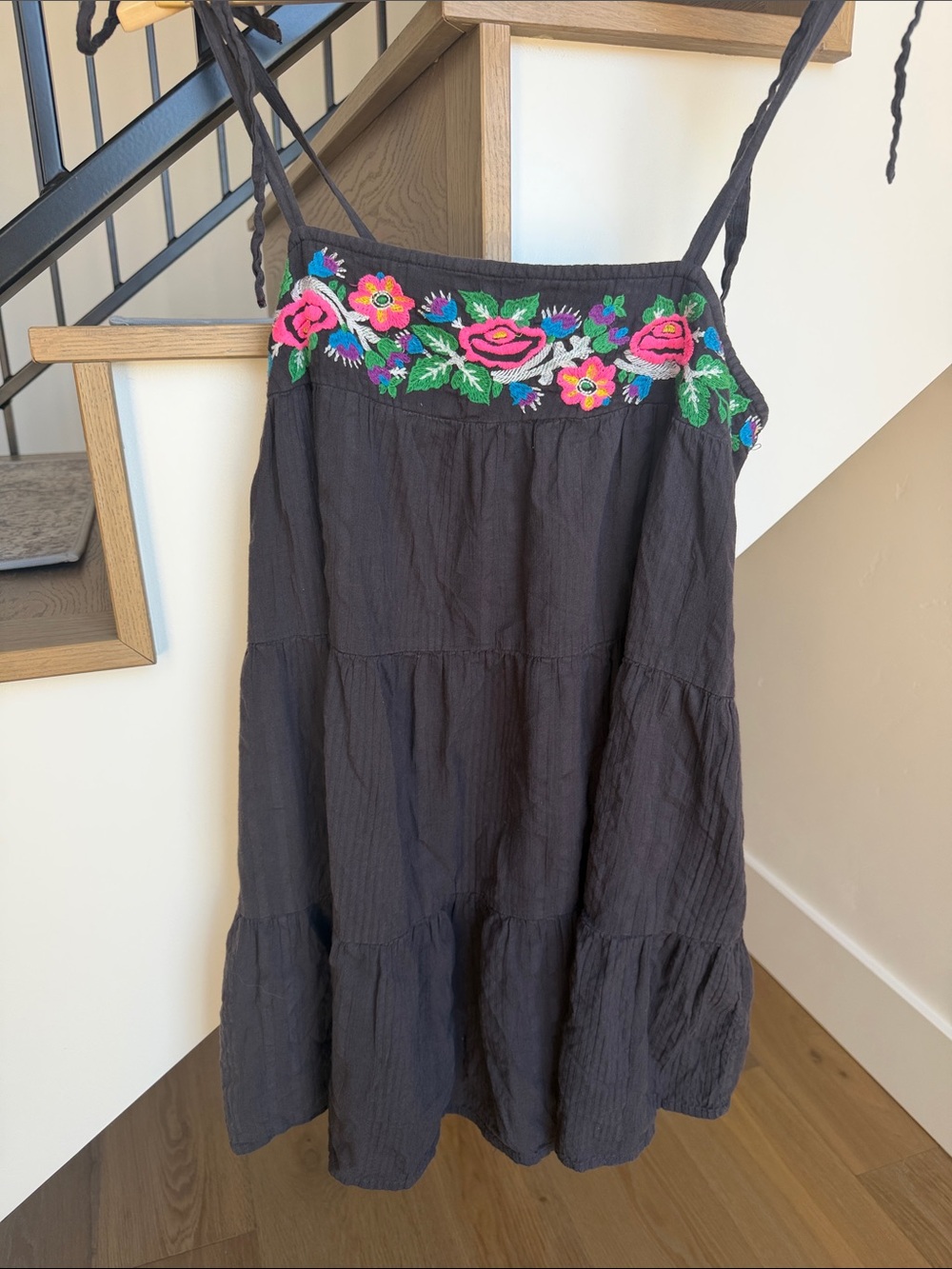 Girls Brown Tiered Sundress with Floral Embroidery